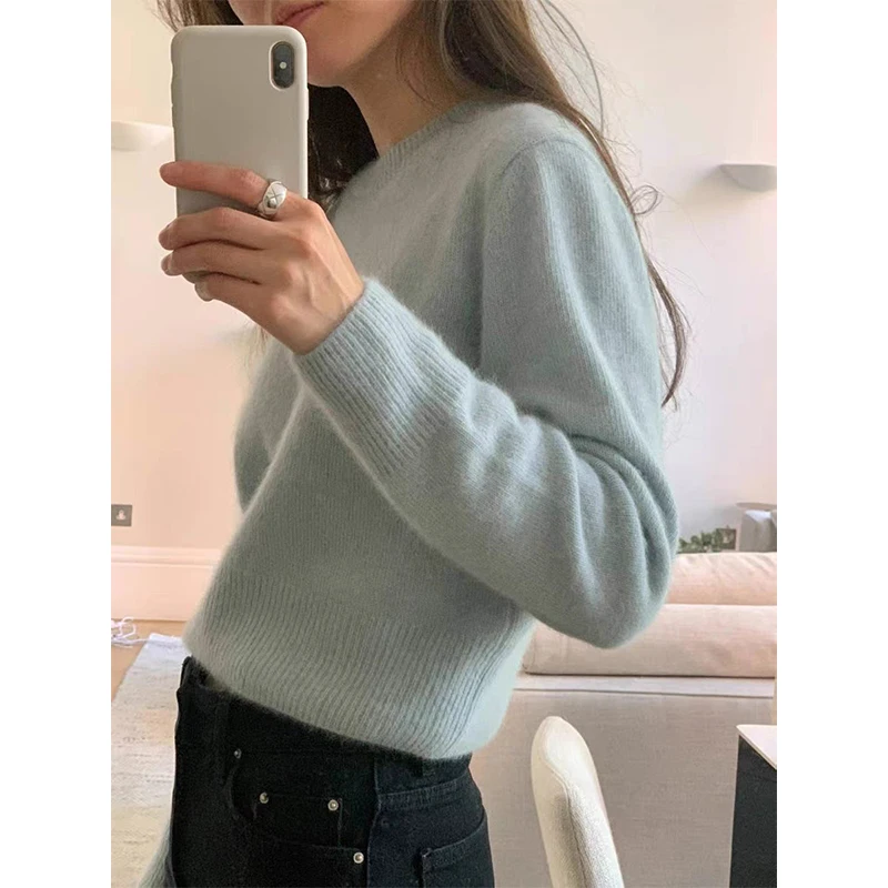 

Ele Gentle Sle ort Sve круглый Ne Long Sve вязаный свитер женский однотонный для похудения Sweet Sle Autumn Faion
