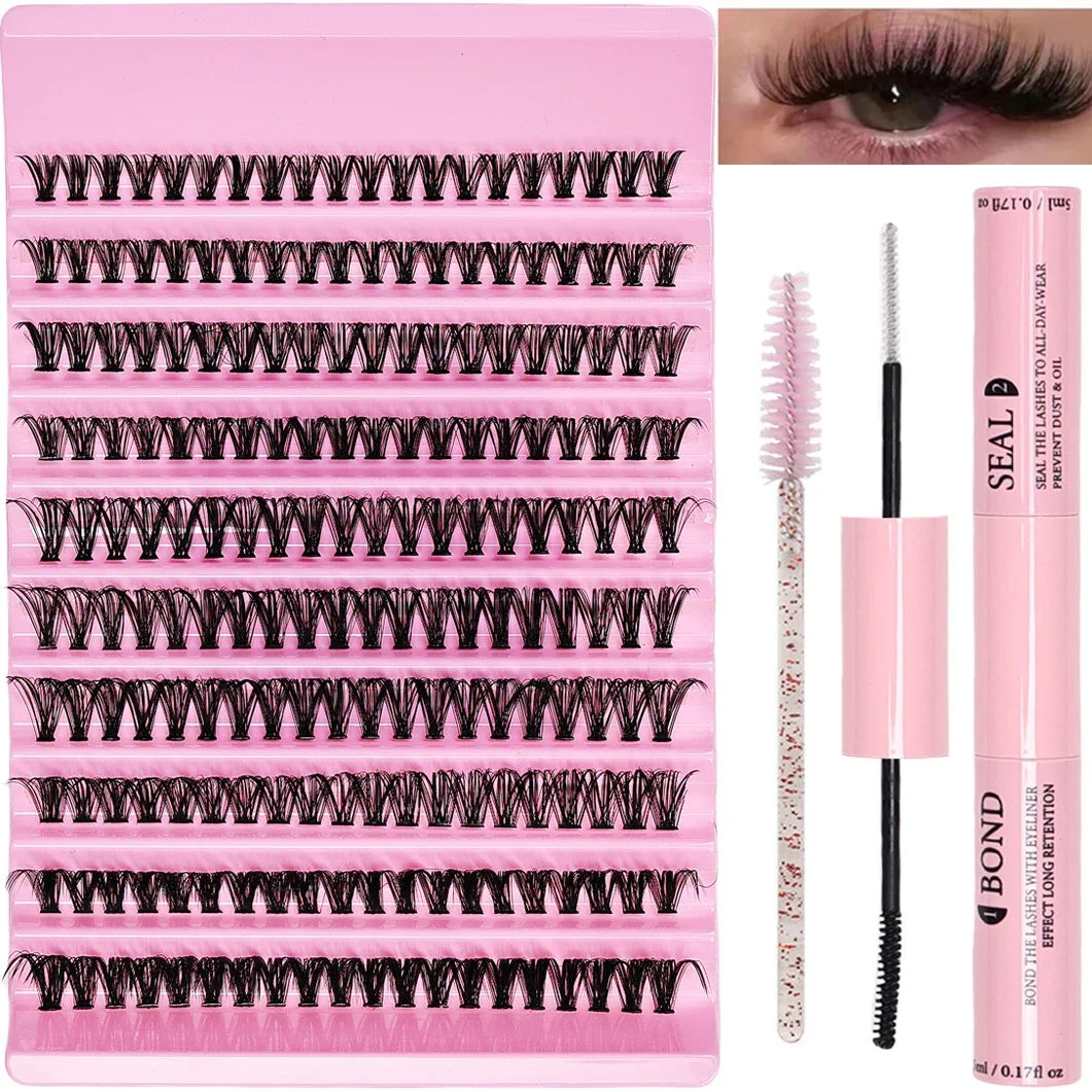 Eyelashes Extension Kit 200 Clusters DIY Lash Extensions Kit D Curl with Eyelash Adhesive and Sealant Curler and Eyelash Brushes