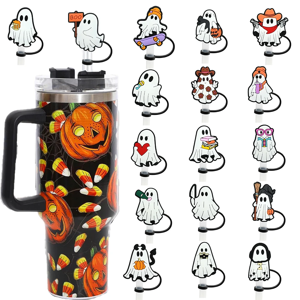 New 1-17pcs Halloween Ghost Series Straw Covers Glass Water Bottle For 10mm Dust Proof Straw Toppers DIY Party Decor