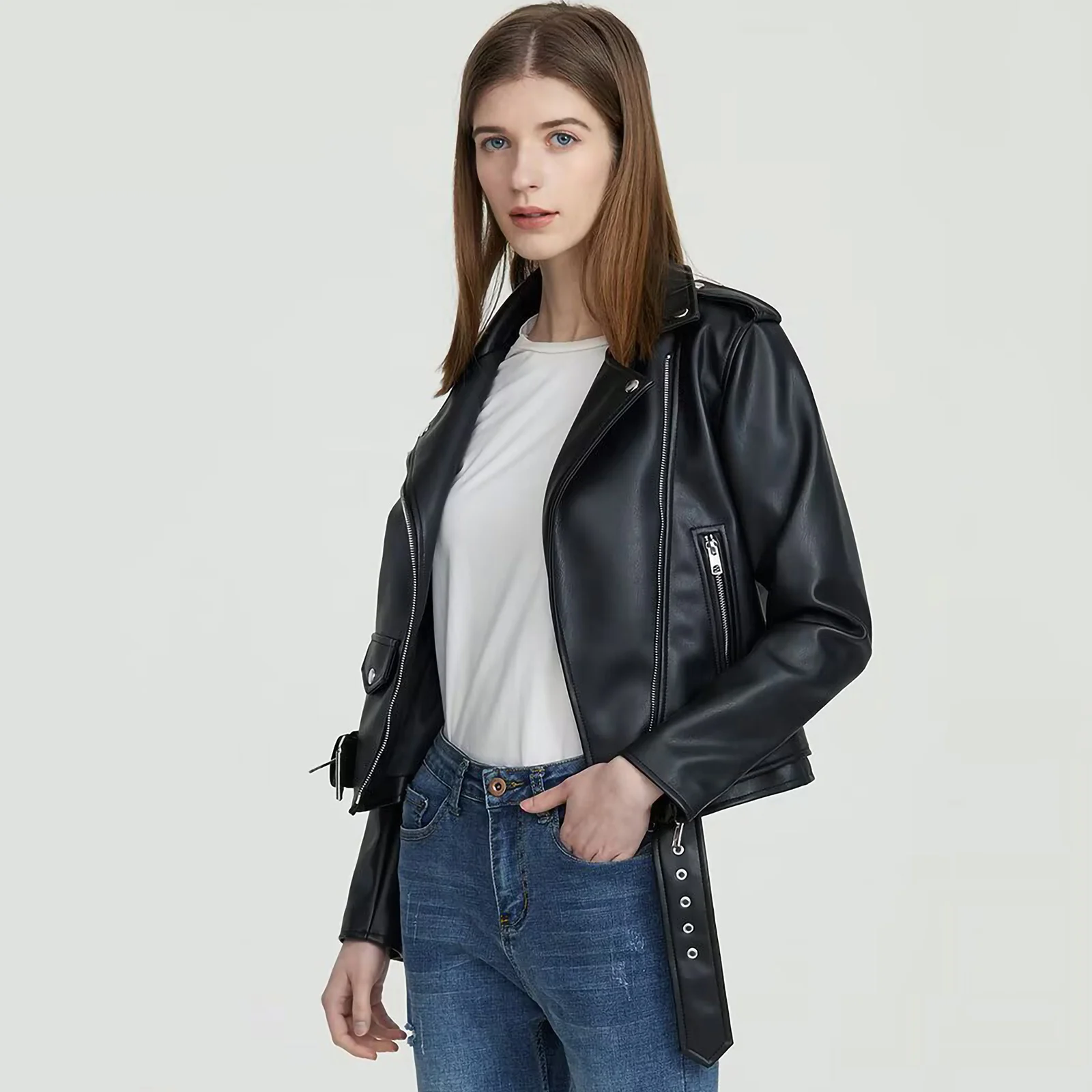 

Women’s Classic PU Washed Leather Biker Jacket with Belted Waist