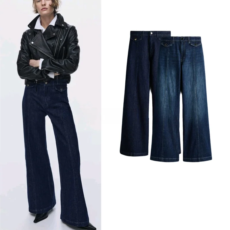 

Spring New Women's Standard Fit Zipper High Waist Wide Leg Jeans Mid-Rise Polyester Fiber Comfortable Stretchy Denim Pants