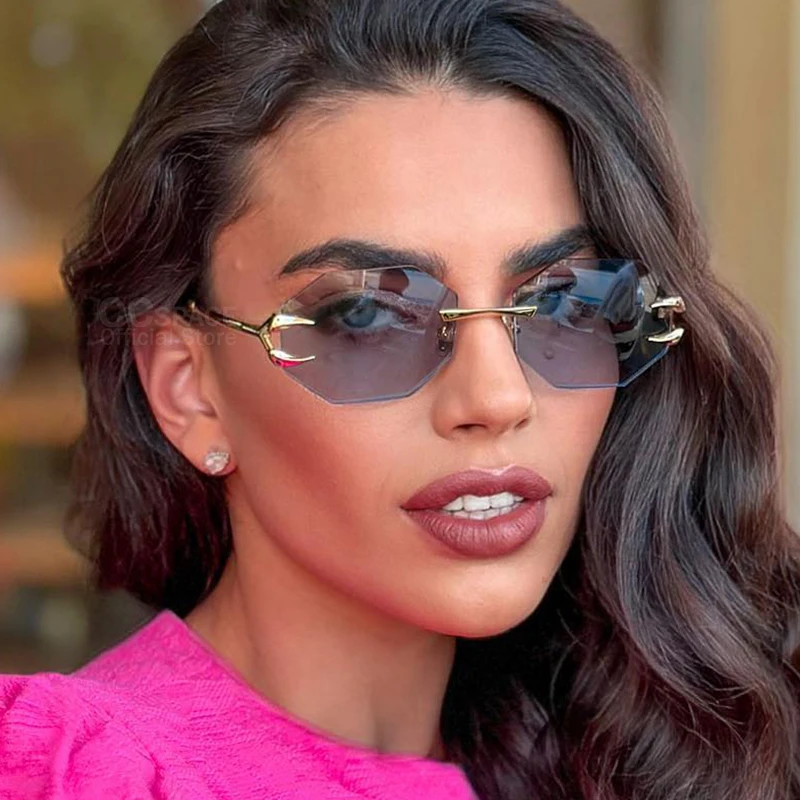 

Fashion Women Sunglasses Rimless Rhombus 2024 Luxury Brand Small Frame Sun Glasses Men Vintage Classic Polygonal Shades Eyewear