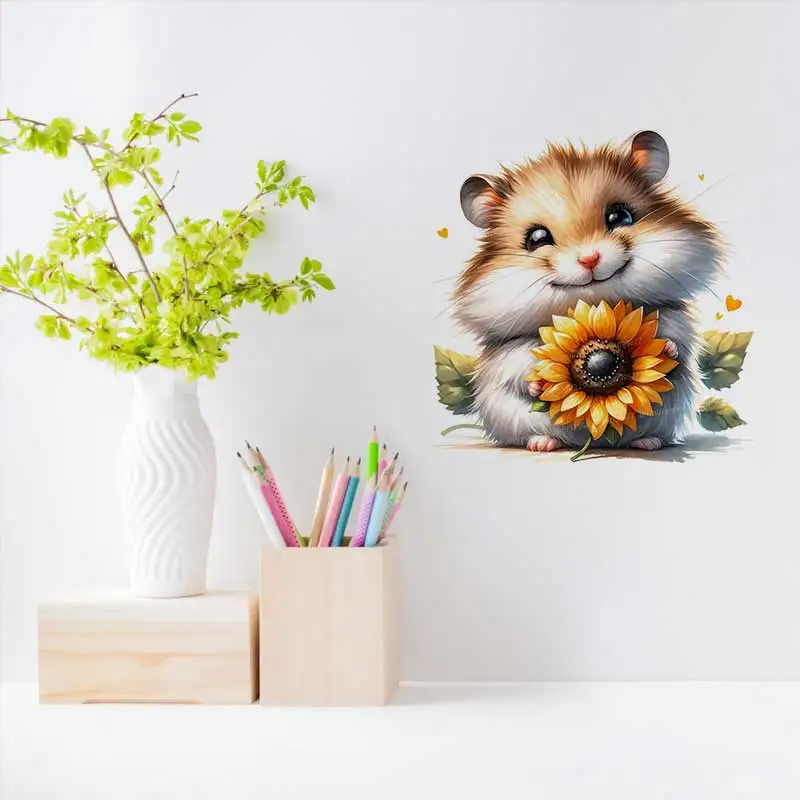 Cute Hamster Sunflower Wall Sticker Kitchen Decoration Dining Room Living Room Cabinet Refrigerator Home Decal Stickers M1391