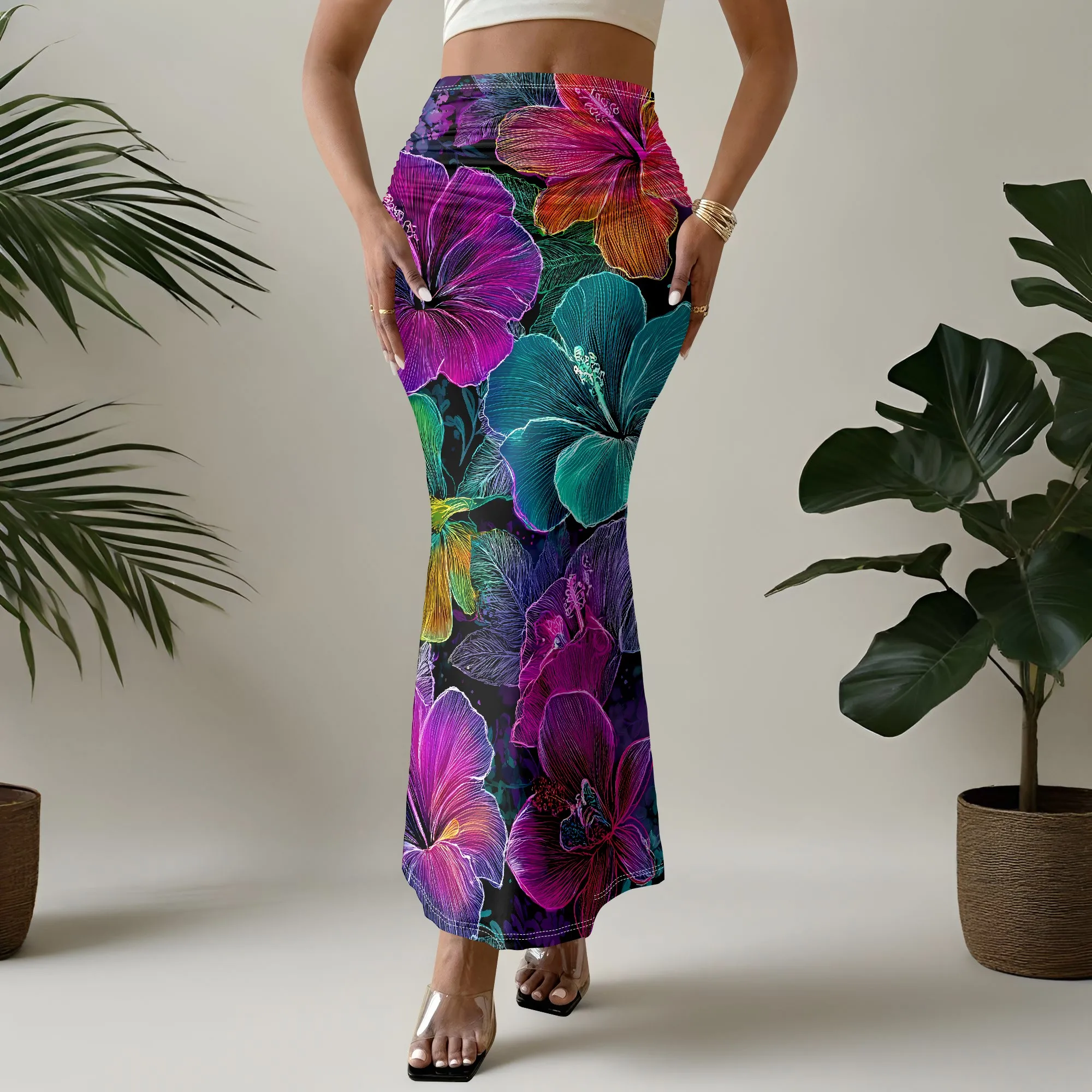Floral Print Mermaid Skirt, Hibiscus Pattern Maxi Skirt, High Waist Bodycon Skirt, Summer Beach Wear, S-3XL