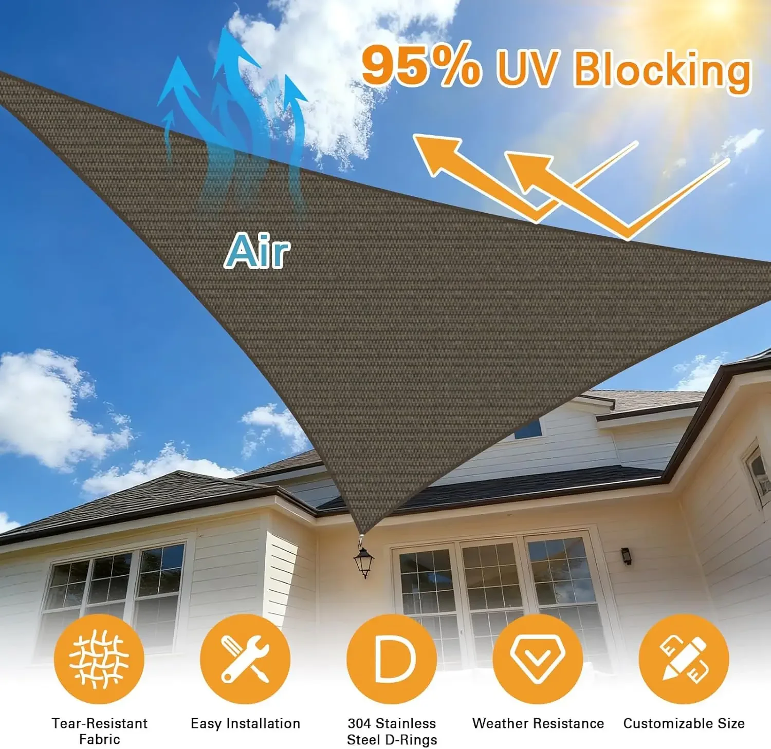 

Hot-selling12 X18 X18 Sun Shade Sail Triangle 185GSM HDPE UV Block Curved Edged Mocha Permeable Canopy for Patio Backyard Deck C