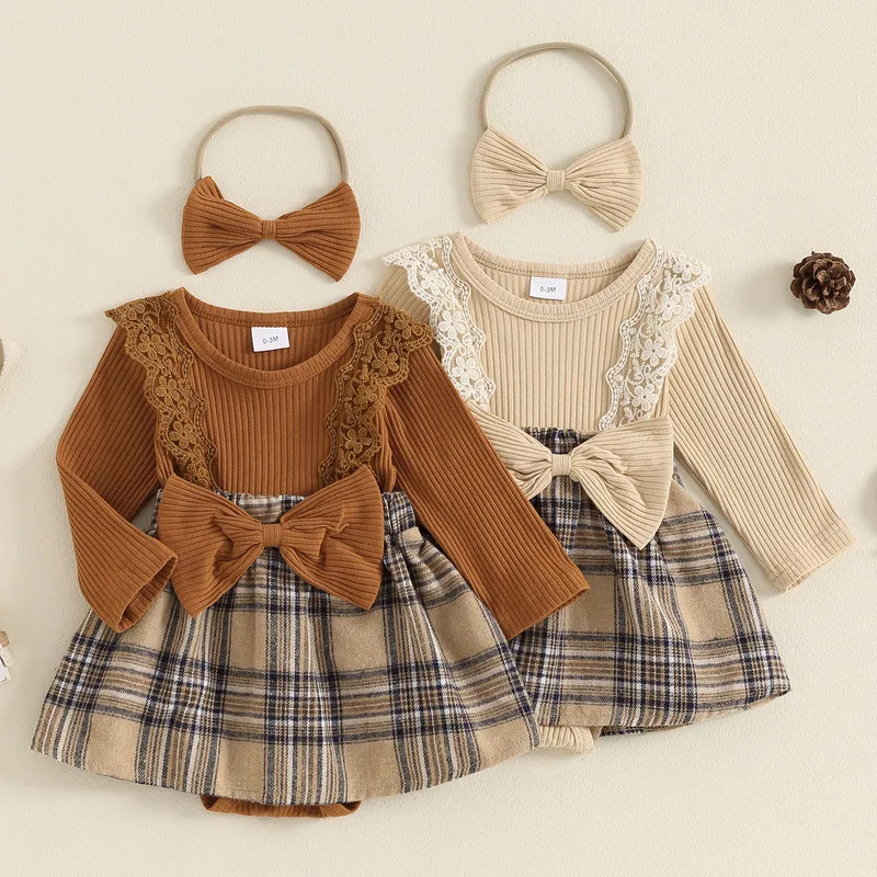 Newborn Baby Girl Bodysuit 2Pcs Fall Outfits Long Sleeve Plaid Print Romper Dress with Headband Set Infant Clothes