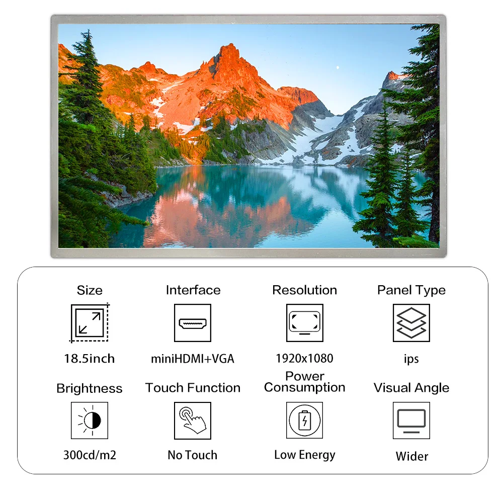 LESOWN 18.5 inch FHD 1080p Ultrawide Sub Screen Full View LVDS DC12V HDMI VGA Interface LCD Panel Module for Medical Equipment