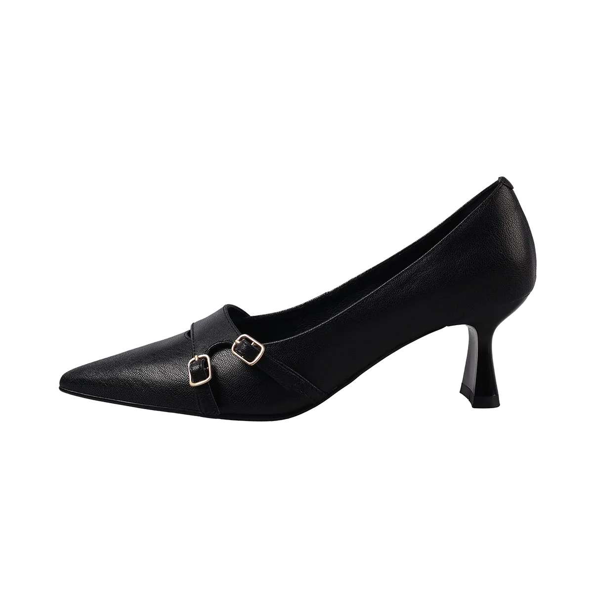 

Arden Furtado 2025 Spring sheepskin Pointed toe pull-on Chunky heels Pumps Large size commute Belt buckle Shallow Single shoe