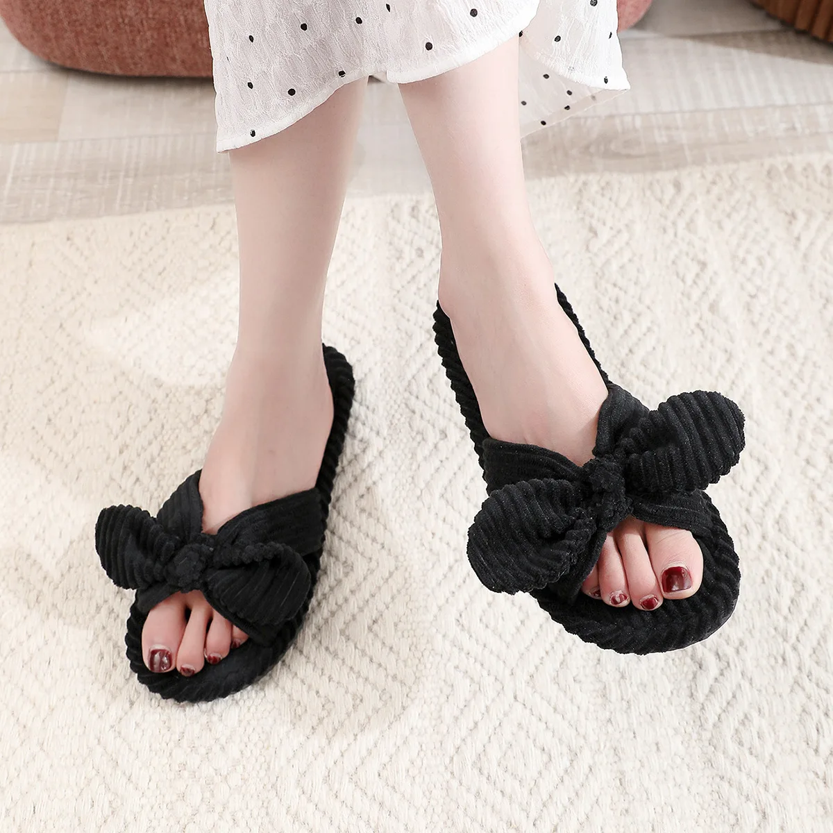 Women Bow Knot Home Slippers Autumn Winter Corduroy Flip Flops Indoor Warm Solid Color EVA Anti Slip Living Room Shoes