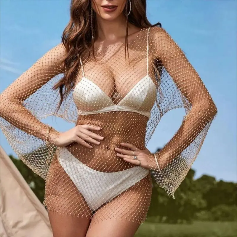 Bling Rhinestones Fishnet Mini Dress Women Sexy Bodycon Long Sleeve Crystal Dress Mesh Summer Beach Birthday Party Dresses