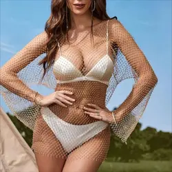 Bling Rhinestones Fishnet Mini Dress Women Sexy Bodycon Long Sleeve Crystal Dress Mesh Summer Beach Birthday Party Dresses