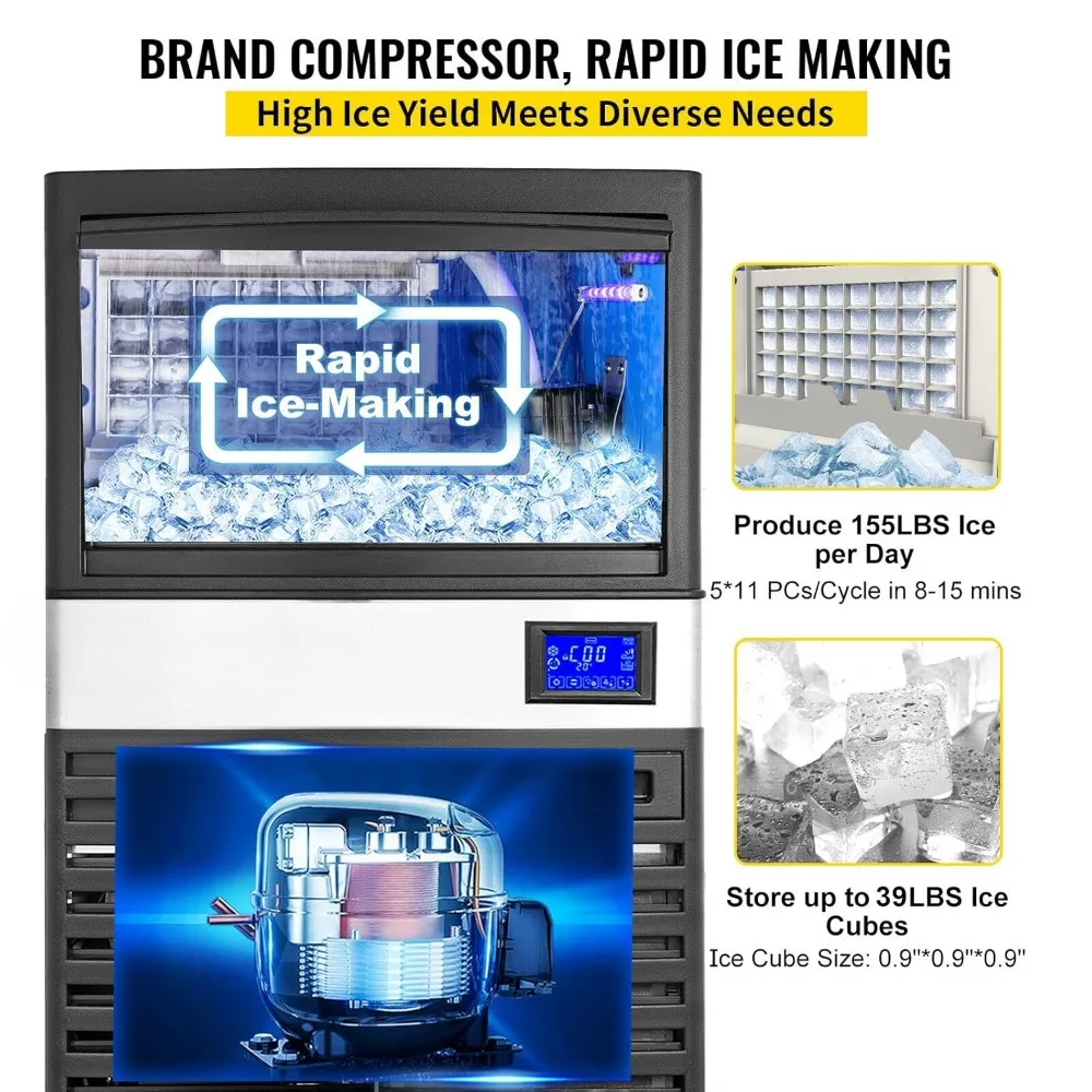 110V Commercial Ice Maker Machine, 155LBS/24H Commercial Ice Machine with 39LBS Bin and Electric Drain Pump, Water Filter,