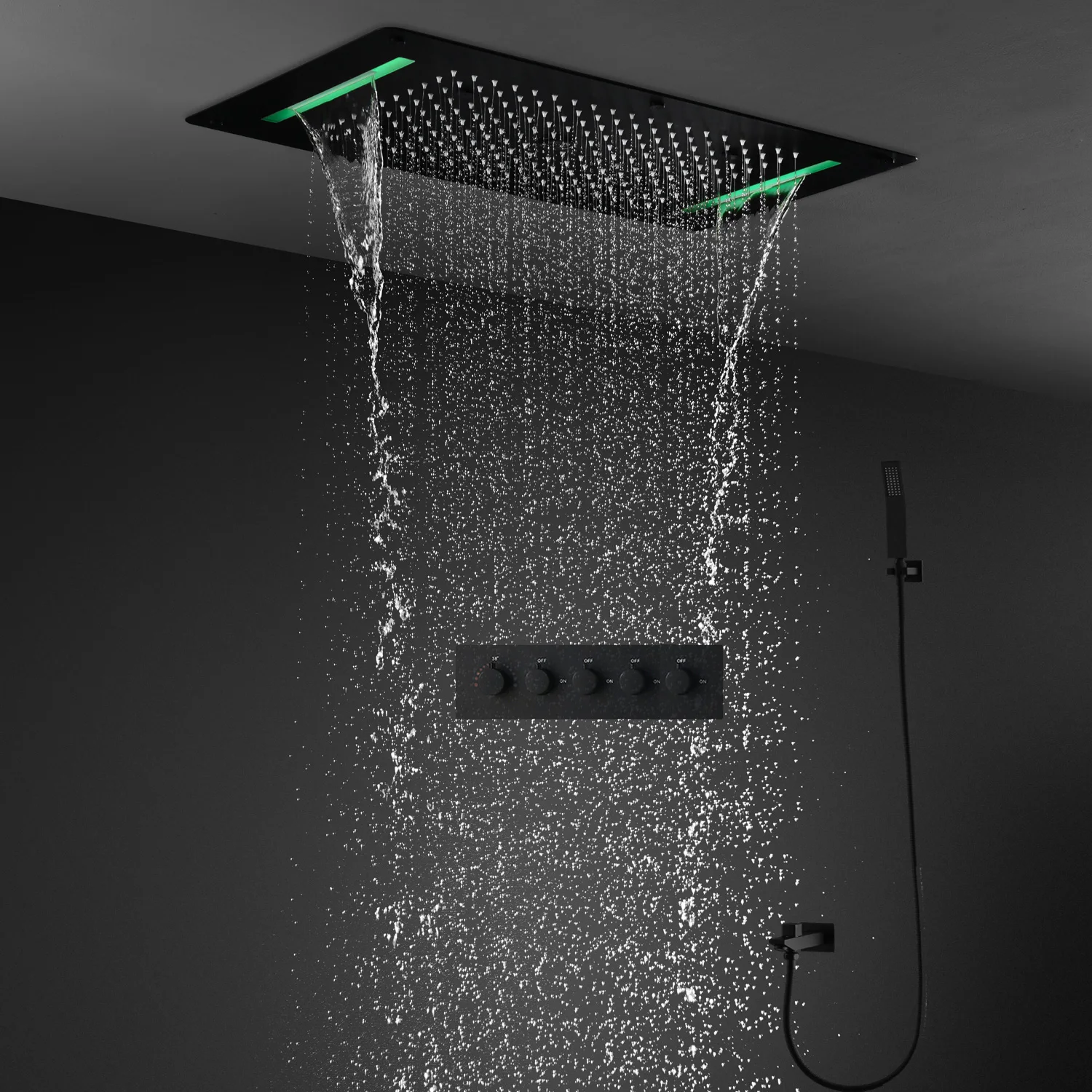 

hm Modern Ceiling LED Shower System Set Mist Waterfall Rainfall Shower Head Panel 700x380MM Bathroom Thermostatic Mixer Faucets