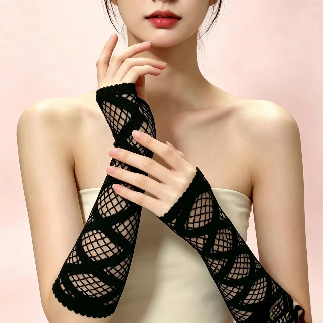 Long Mesh Gloves Hollow Out Diamond Lattice Punk Gothic Cos Accessory Long Gloves