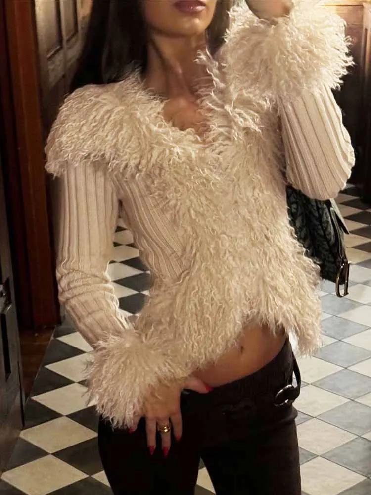 

BKQU Warm Faux Fur Sweater Cardigan Women Autumn Knitted Sexy Slim V Neck Long Sleeve Tops 2025 Fashion Hipster Street Outerwear