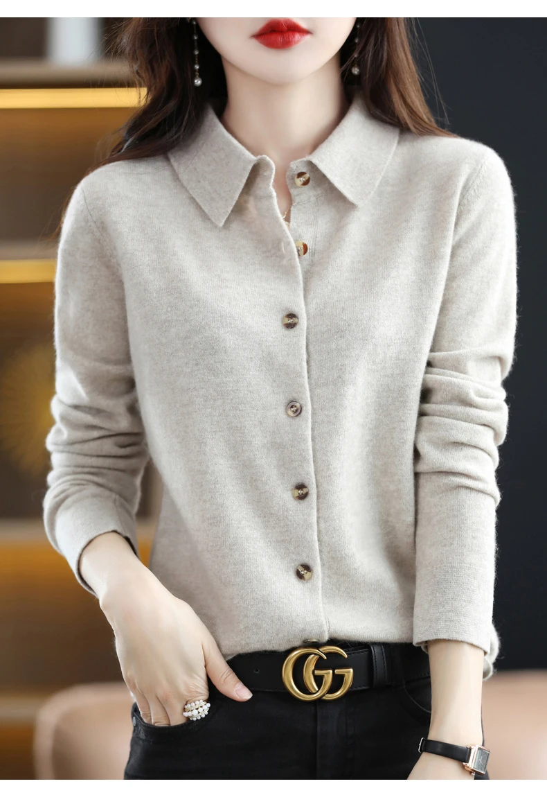 Spring And Autumn Winter POLO Neck Wool Knitted Shirt With Loose Long-Sleeved Sweater Cardigan Temperament Lapel Coat Bottoming