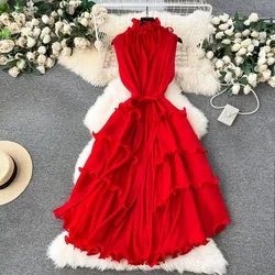 Elegant Sleeveless Vintage Stand Collar Chic Ear Fungus Edge Slim Chiffon A-line Long Dresses High Street Spring Autumn Clothing