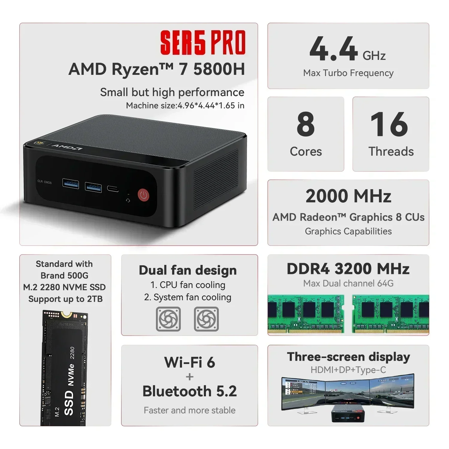 Beelink SER5 Pro Ryzen 7 5800H Mini PC DDR4 32GB 1TB NVME Pcie 3.0 WiFi 6 BT5.2 4K 60Hz  RJ45 1000M Mini PC Gamer