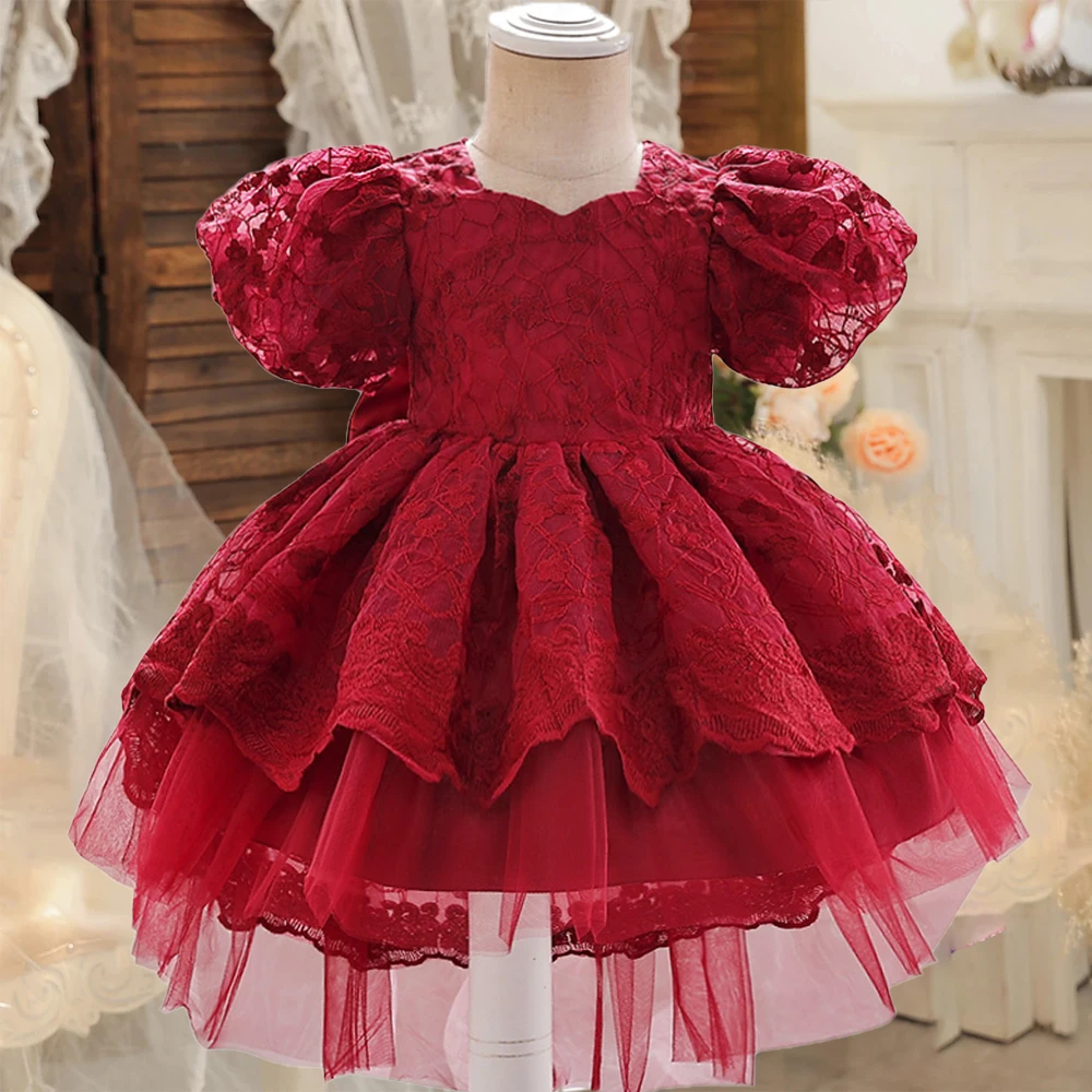 

Puff Sleeve Flower Bridesmaids Party Girls Dress Elegant Tulle Bow Birthday Wedding Dresses for Girl Performance Evening Costume
