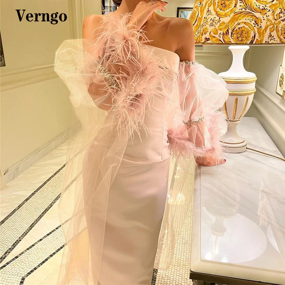 

Verngo Baby Pink Satin Evening Dresses Puff Long Sleeves Feathers Floor Length Prom Gowns Saudi Arabic Formal Party Dress