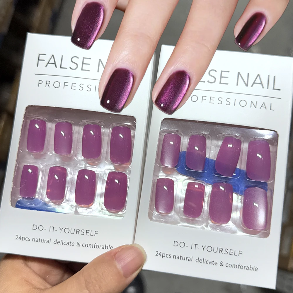 24Pcs Purple Cat's Eye Fake Nail Tips Simple Glitter Wearable Press on Nails Glossy Cat Eye Full Cover Acrylic False Nails+TOOLS