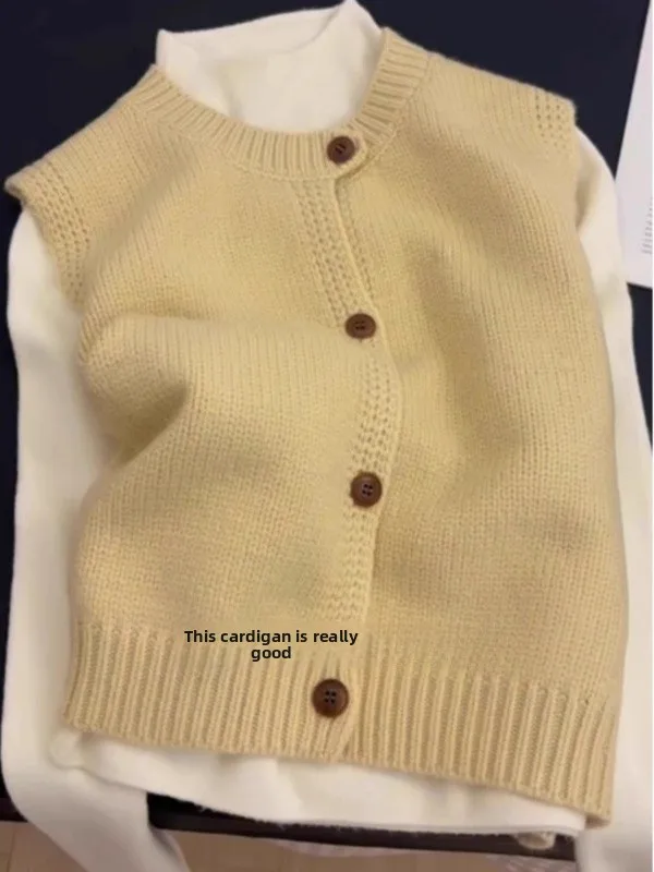 

Желтый вязаный жилет с круглым вырезом без рукавов, весенне-осенняя верхняя одежда, модный стиль для девочек