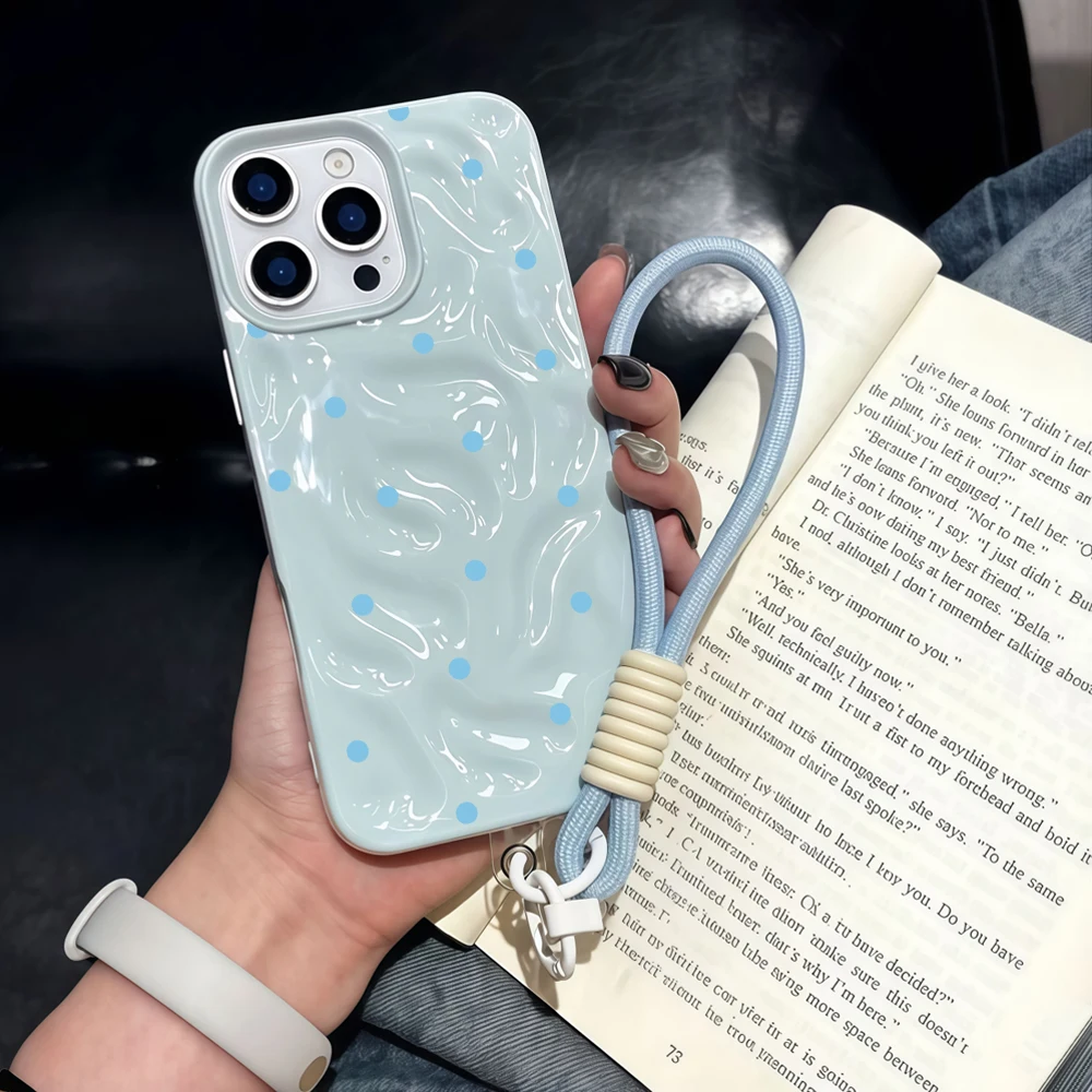 Blaue Polka-Dots-Silikon-Handyhülle mit Faltenoptik für iPhone 17 15 13 11 12 14 16 17 Pro Max 14 15 16 Plus 17Air mit Lanyard-Abdeckung – Detail 1