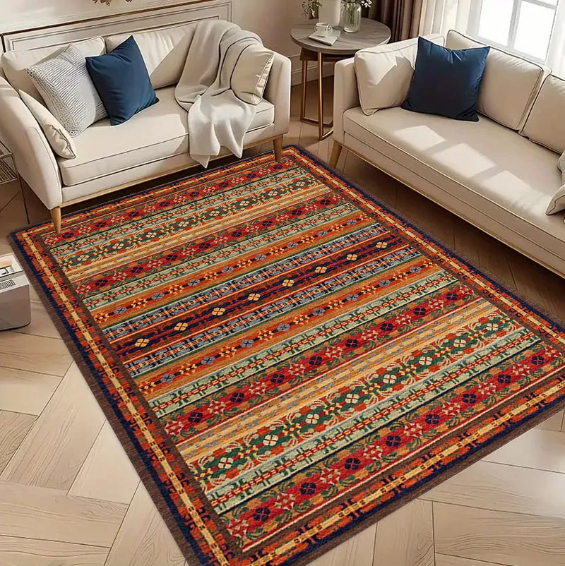 Close-up of the intricate geometric pattern on the living room carpet