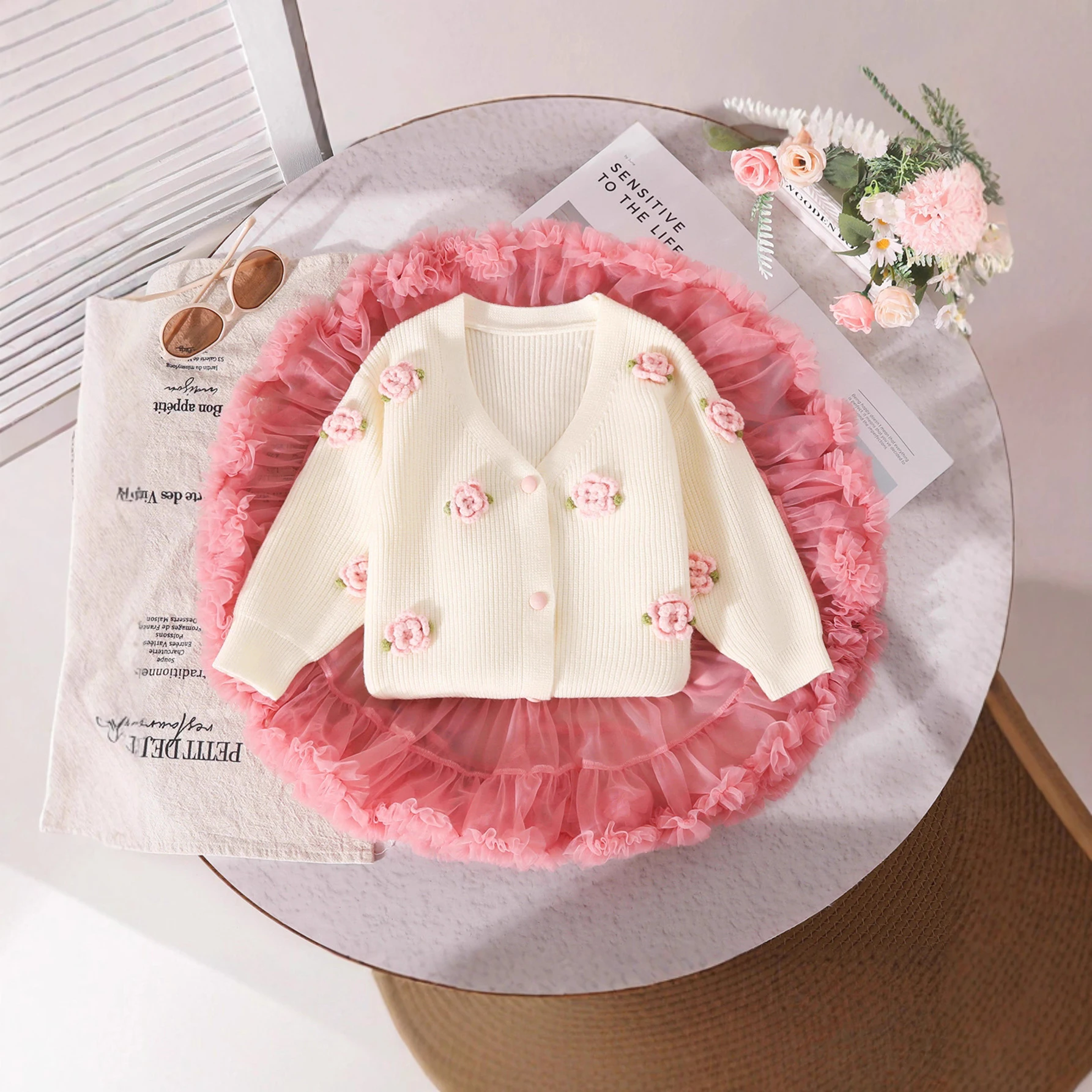 Korean Baby Girls Sweater Set Autumn Winter New Kids Floral Decorate Knitted Cardigan Girls' Fashion Mesh Half Skirt 2 Piece Set