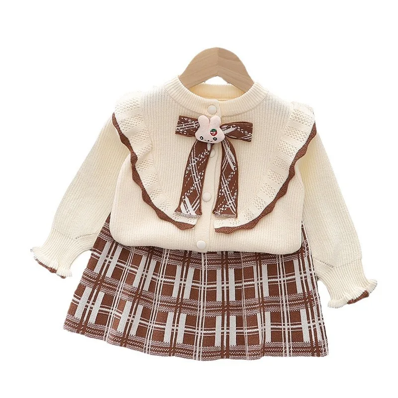 Autumn Winter Babys Girl 2PCS Clothes Set Rabbit Knotbow Knit Long Sleeve Cardigan Kid Girl Outfit Plaid Skirt Infant Girl Suits