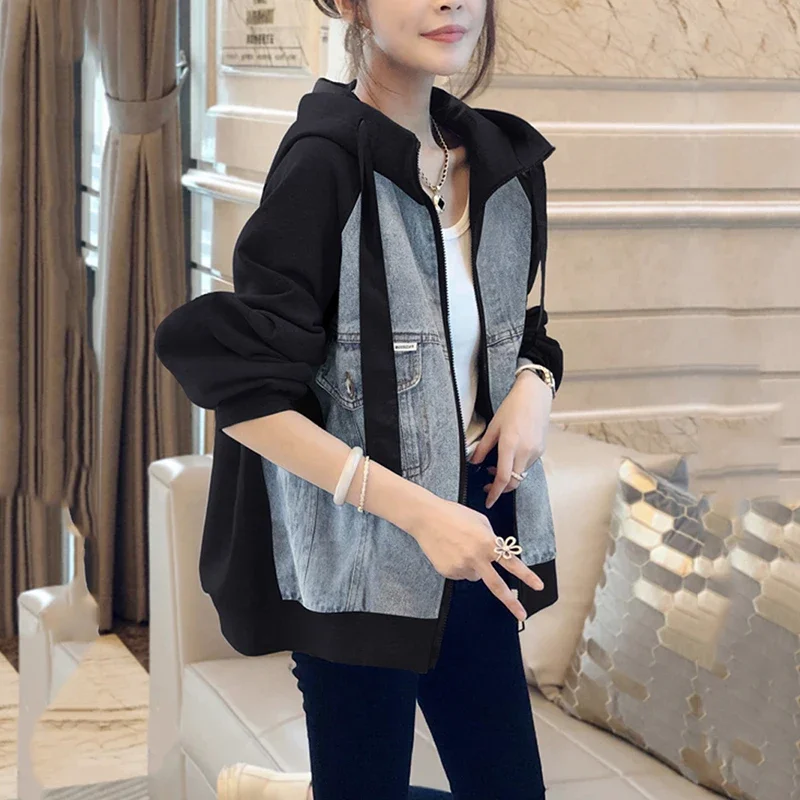 3XL المرأة خمر مقنعين الدنيم سترة الشارع الشهير ربيع الخريف شيك فضفاض صالح الجينز ملابس خارجية السيدات منفذها