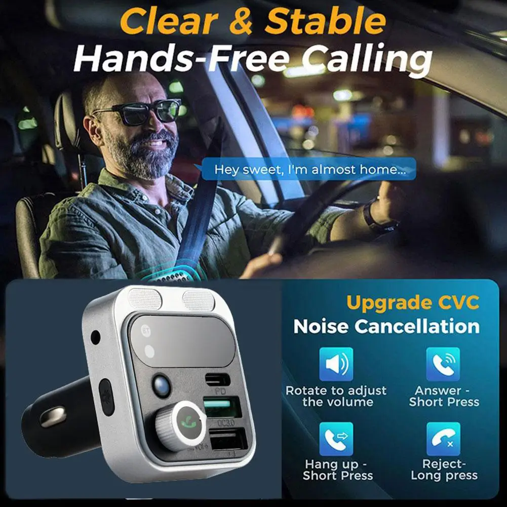 Bluetooth 5.2 FM Transmitter For Car Stronger Dual Mics Deep Bass Sound 48W PD QC3.0 Car Charger Bluetooth Adapter