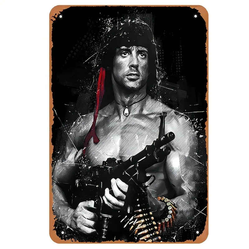 Sinal de parede de metal pop art inspirado em Rambo – decoração de ferro à prova d'água e resistente às intempéries para bares, cafés, cozinhas e muito mais – pré-perfurado
