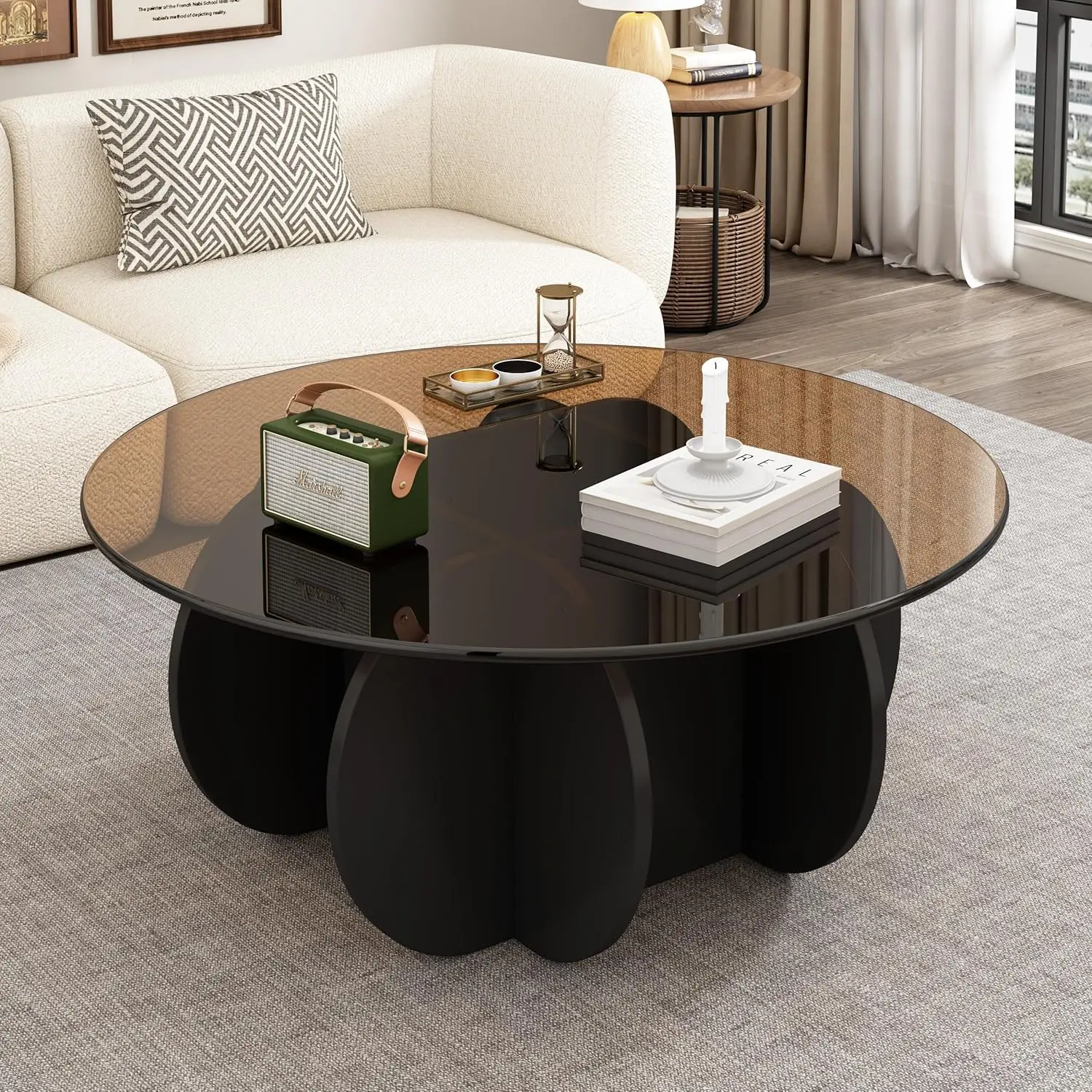 

Modern Round Tempered Glass Coffee Table, 31.5'' Mid-Century Design for Living Room or Small Space, Black and Brown