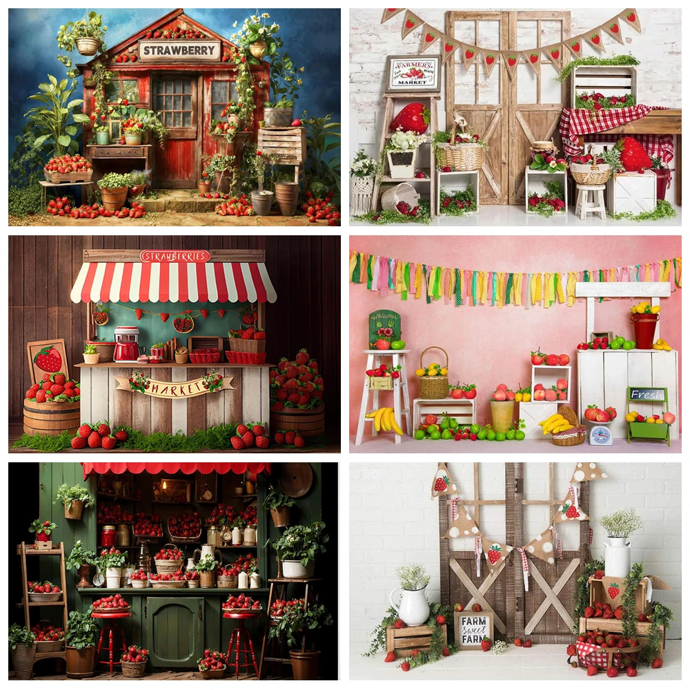 

Red Strawberry Backdrops for Photography Summer Fruit Shop Background Strawberry Wood House Sweet Baby Birthday Party Decoration