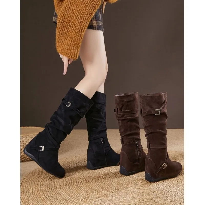 Women Round Toe Buckle Knee High Boots, Faux Suede Upper, Hidden Wedge Heel, Side Zipper Warm Fleece Lined Tall Boots For Daily