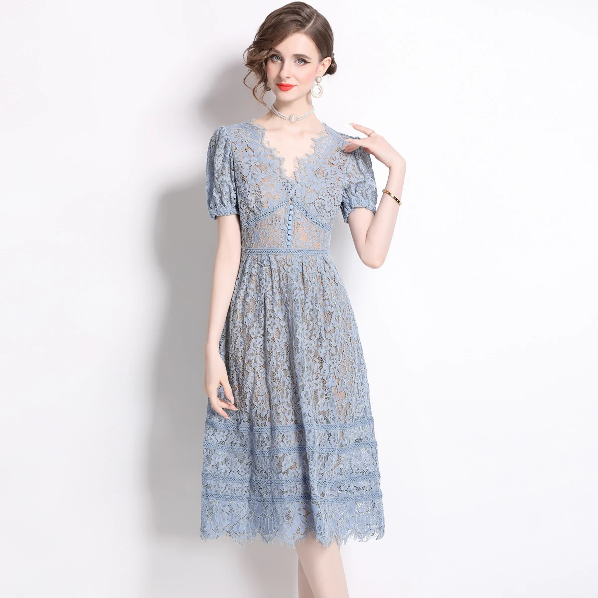 

French Elegant Lace Embroidery Prom Long Dress Women's V Neck Short Sleeve High Waist Hollow Out Evening Party Robe Clothing