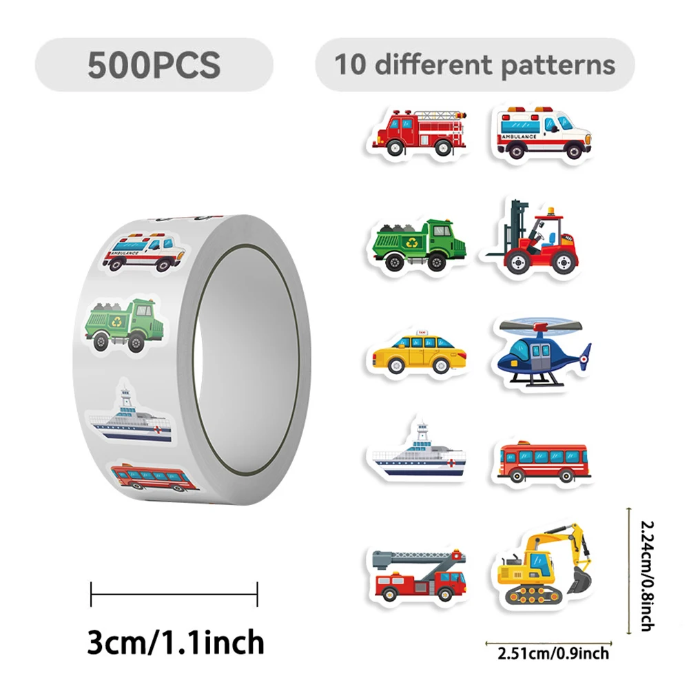 500pcs Funny Cartoon Truck Construction Vehicle Stickers Roll Cute Reward Student Decals Gift DIY Suitcase Laptop Sticker Decor