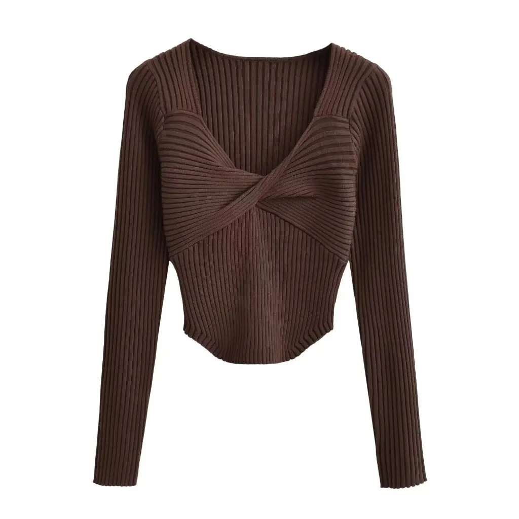 

Women's Sexy Slim V-Neck Long-Sleeved Sweater Curved Hem Knitted Top Tight Fit Short Style for Hot Girls
