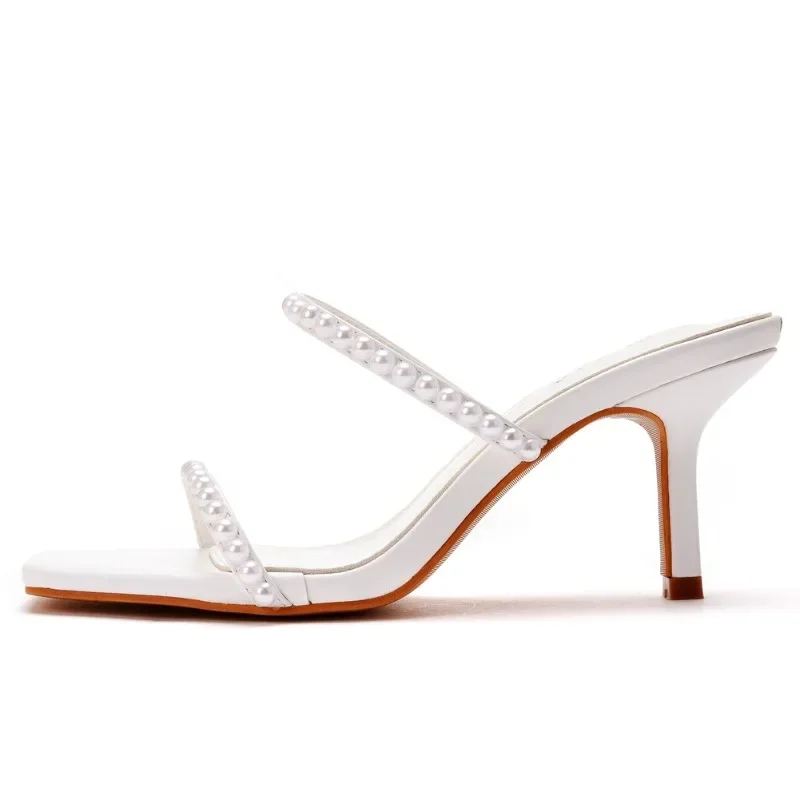 Fashion Summer Women High Heels Sandals String Bead Slip On PU 7CM Thin Heels Office Work Korean Style Women Shoes White