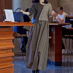 Women's Clothing Knitted Patchwork Dresses Spring Autumn Elegant V-Neck Fake Two Pieces Fashion Asymmetrical Button Long Dress