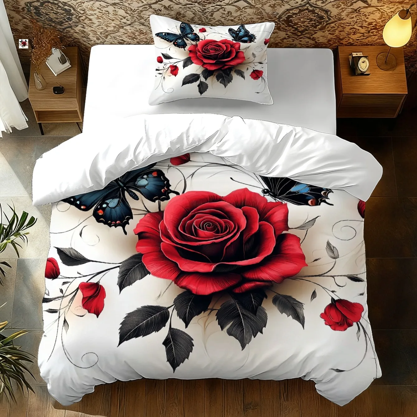 White And Red Rose Butterfly Print Duvet Cover Set Birthday Gift Comfortable Bedroom Bedding with 1 Duvet Cover And 2 Pillowcase