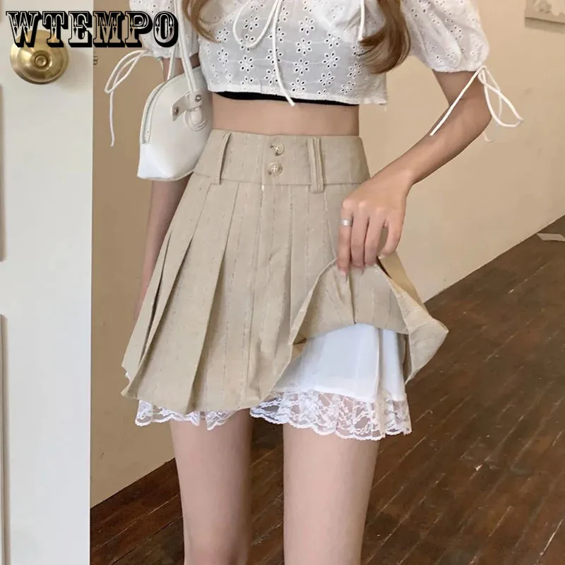 Lace Edge Pleated Skirt Built in Shorts High Waisted A-word Women's Mini Skirt Sweet Preppy Style Korean Fashion Spring Summer