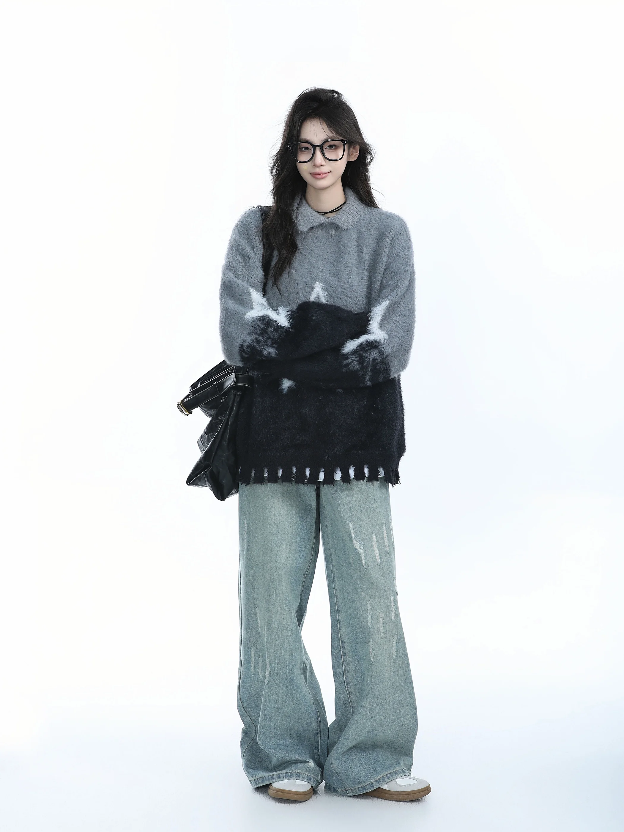 

American Retro adient Ne Sweater Women's Spring Autumn New Lazy Knitted irt Street Sle Loose Fit Hand Waed