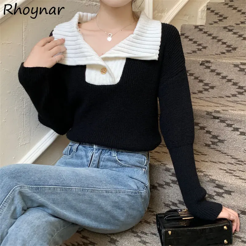 

Turn Down Collar Pullovers Women Panelled Cropped Designer Elegant Свитер Женский French Temper Korean Fashion Knitwear Casual