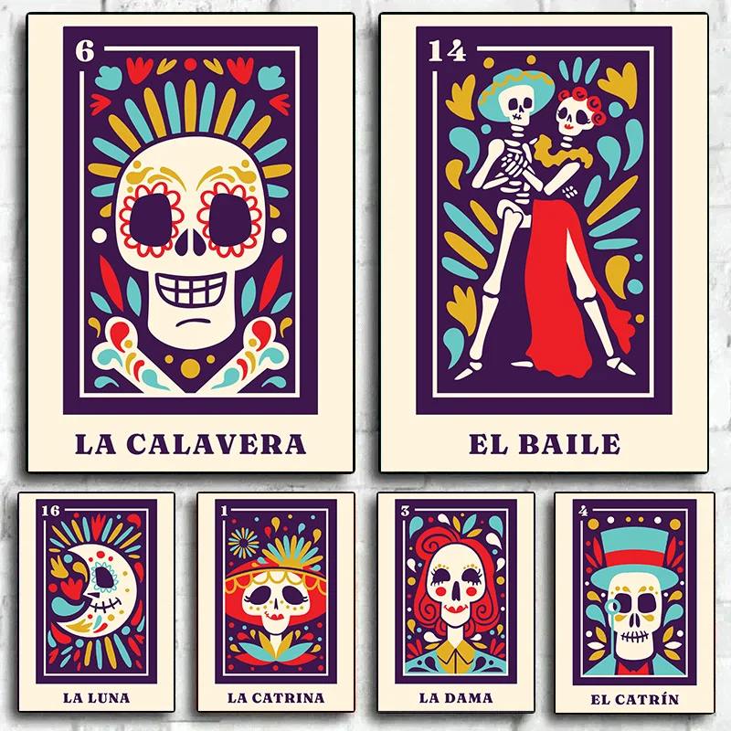 Mexican Lottery El Baile Muertos Tarot Poster and Print Canvas Painting Cartoon Funny Wall Art Pictures Home Decor Cuadros