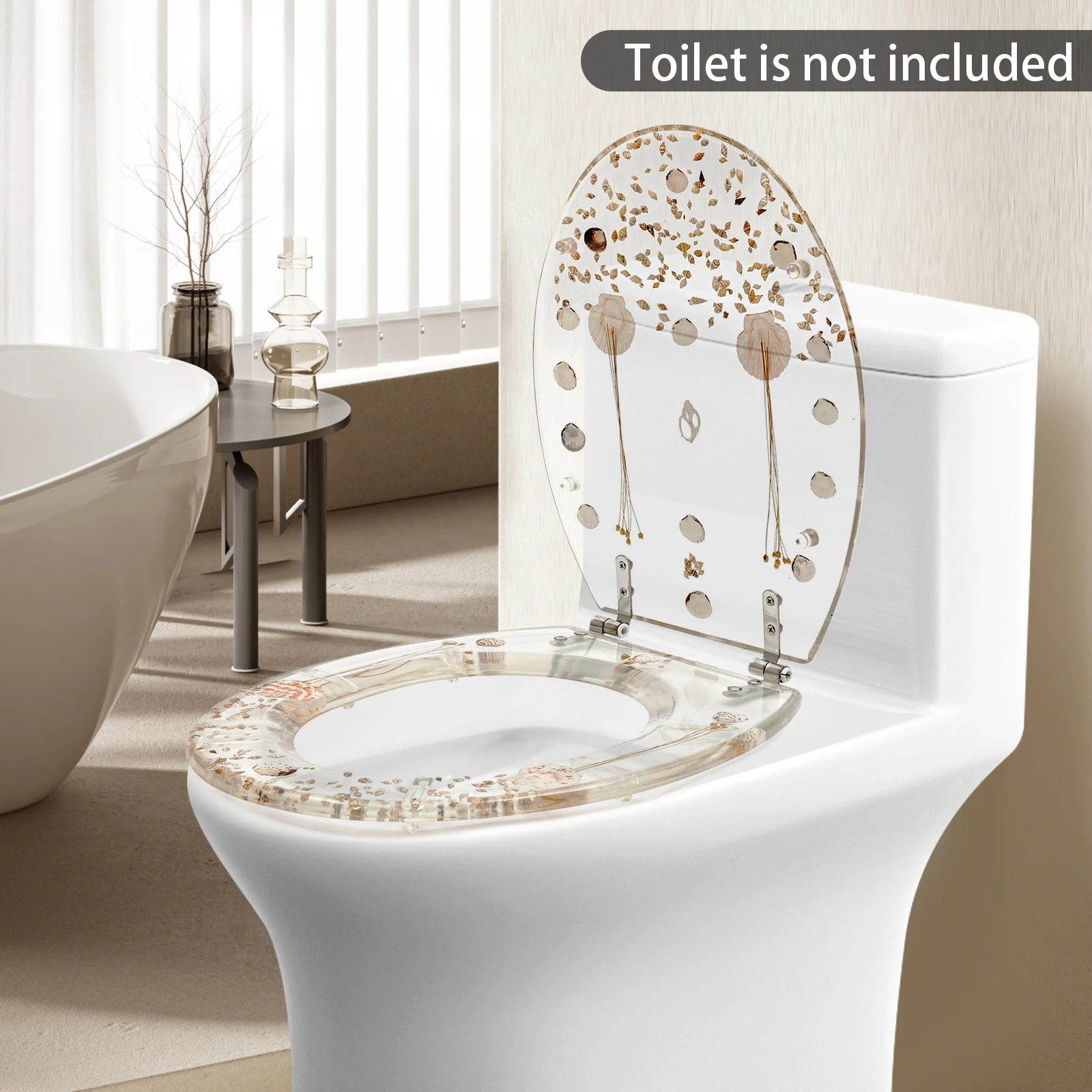 

Clear Resin Toilet Seat with Dried Flowers Shells Anti-Corrosion Fit for U/V/O Shape Home Hotel Toilet Cover