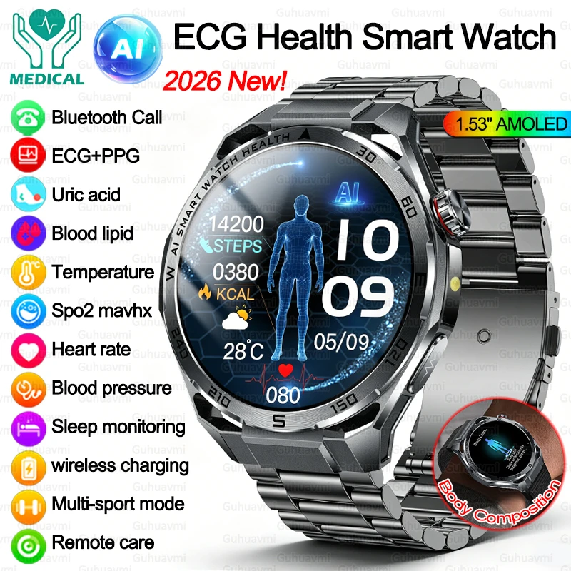 

Новые мужские смарт-часы 2026 года с ИИ и ChatGPT, AMOLED 1.53 дюйма, ЭКГ+ППГ, Bluetooth-звонки, мониторинг мочевой кислоты, липидов крови, АД, спортивные смарт-часы для здоровья