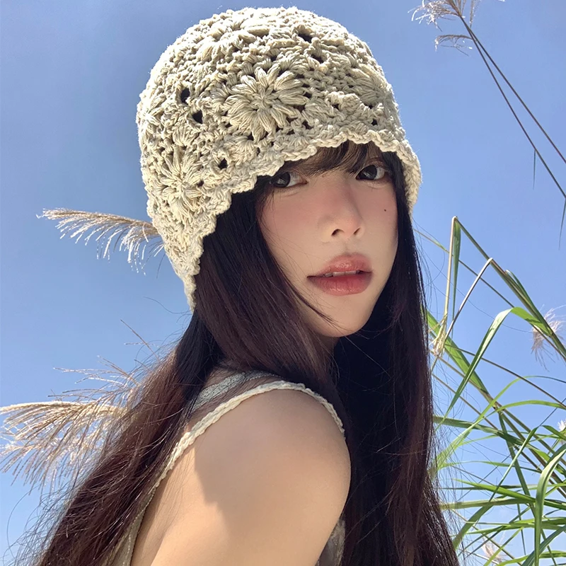 Japanese Hand-woven Pullover Women\'s Caps Spring and Summer Travel Versatile Thin Hollow Breathable Knitted Beanies Hat