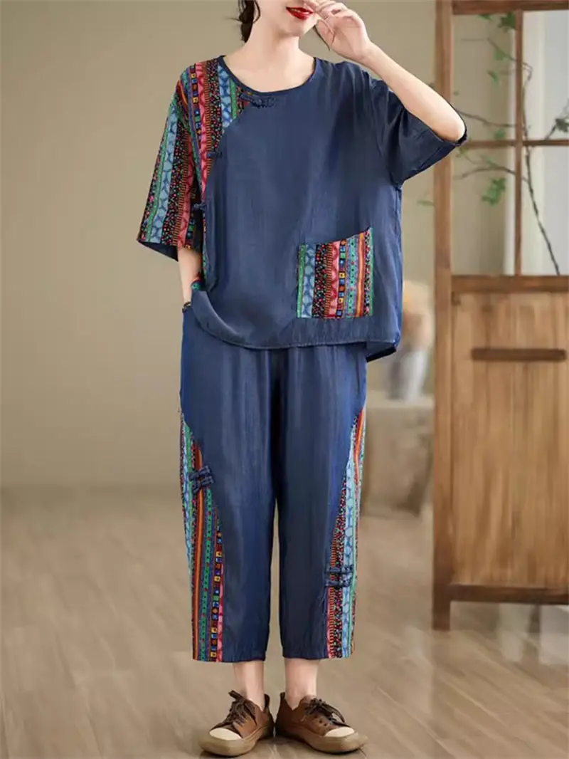 Ethnic Style Retro Patchwork Denim Tracksuit Summer Casual Large Size Women's Retro T Shirt 2 Piece Sets Thin Jeans Outfit k1313